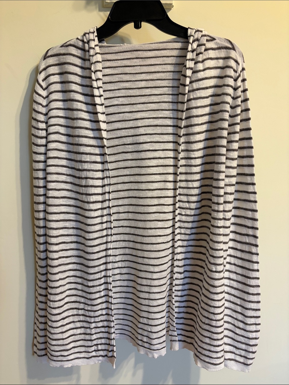 Eileen Fisher Black Ivory Stripe Open Front Cardigan Lightweight Linen Cotton S